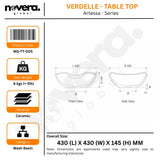 Product details of a wash basin with dimensions and specifications on a white background.