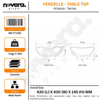 Product details of a wash basin with dimensions and specifications on a white background.
