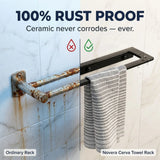 Towel rack comparison showing rust on an ordinary rack and a clean Novera Cerva Towel Rack.