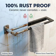 Towel rack comparison showing rust on an ordinary rack and a clean Novera Cerva Towel Rack.