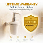 White soap dispenser with a gold lifetime warranty badge on a tiled wall background