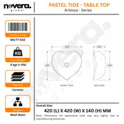 Product packaging for a ceramic wash basin with dimensions and specifications.