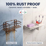 Comparison of rusted and rust-proof ceramic organizers in a bathroom setting.