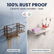 Comparison of rusted and rust-proof ceramic organizers in a bathroom setting.