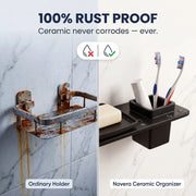 Comparison of rusted and rust-proof ceramic organizers with toothbrushes and soap.