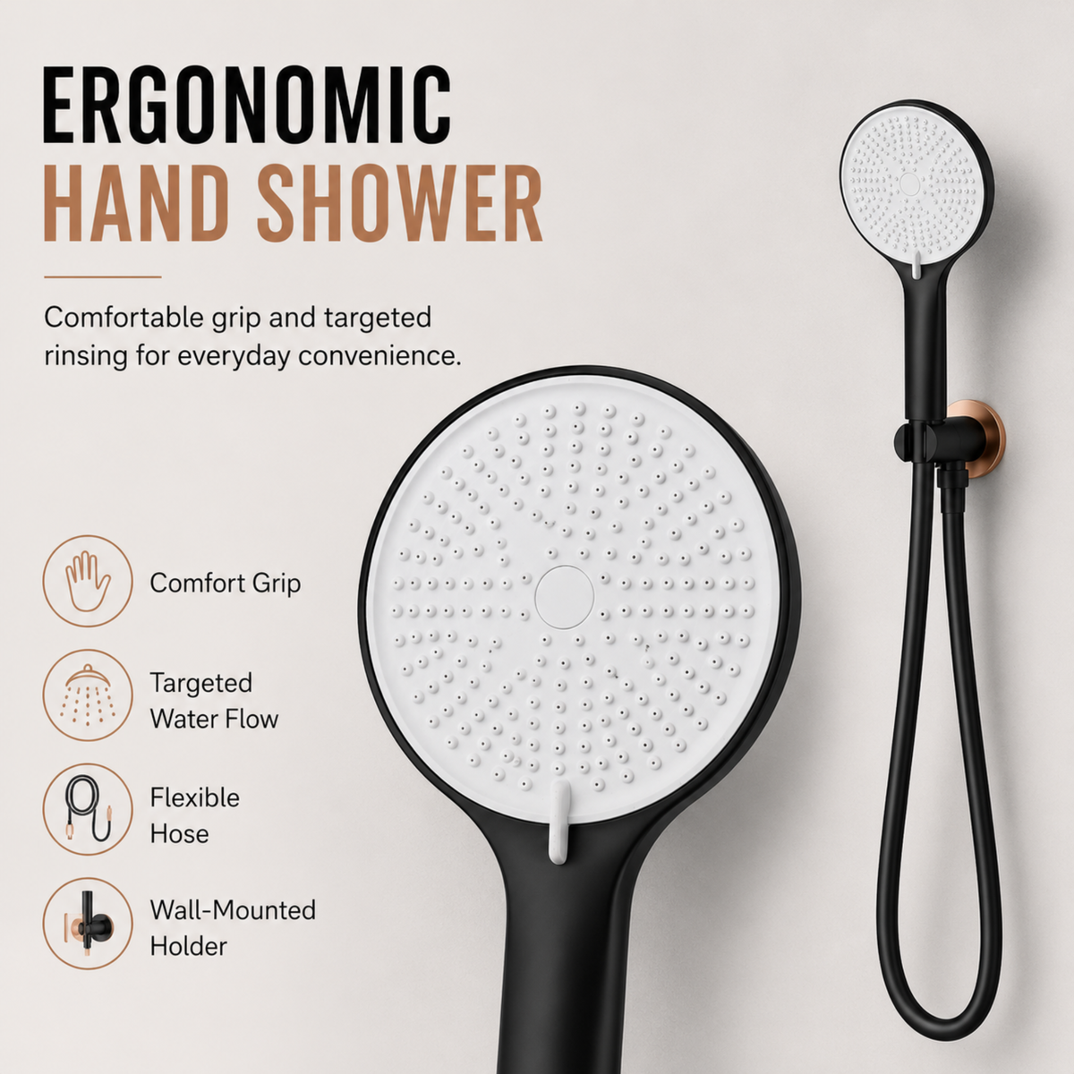 Novera Global Concealed Shower Set for Bathroom – 3-in-1 In-Wall Brass Shower System with Overhead Rain Shower, Hand Shower & Wall Spout, Diverter & Hot/Cold Mixer (Matte Black with Rose-Gold Accents)