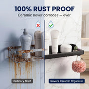 Comparison of an ordinary rusted shelf with a Novera Ceramic Organizer on a marble wall.