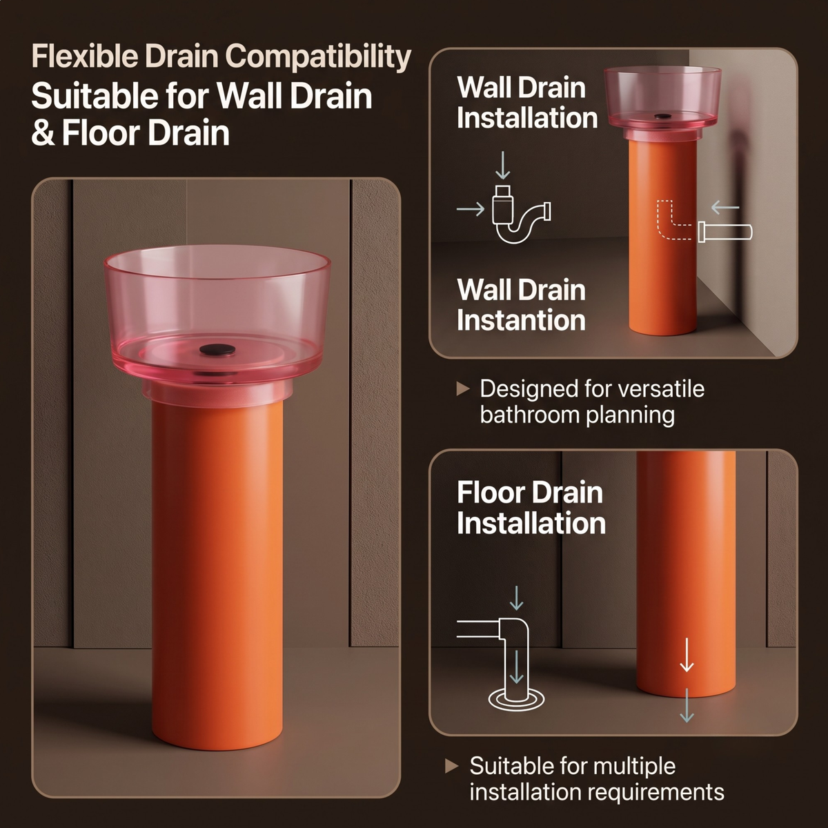 Novera Global Duet Pedestal Wash Basin | 10-Years Warranty | Freestanding Resin + Solid Surface, Translucent Rose Pink Bowl with Orange Pedestal | Floor Standing Designer Basin with Black Drainer, 450 x 450 x 900 mm