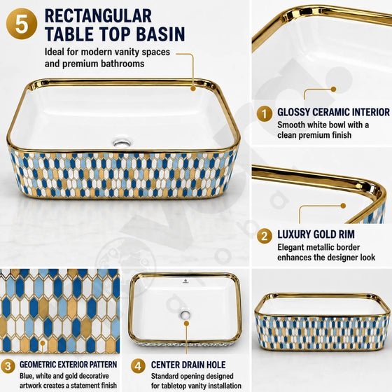 Novera Global Ceramic Table Top Wash Basin | Glossy Gold Rectangular Vessel Sink | Above Counter Vessel Sink for Bathroom Vanity | 5-Year Warranty | Glossy Countertop Wash Bowl (Blue Gold Mosaic) Novera Global