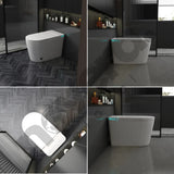Collage of a modern freestanding bathtub in a darkly decorated bathroom.