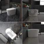 Collage of a modern freestanding bathtub in a darkly decorated bathroom.