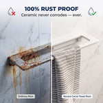 Comparison of an ordinary towel rack with rust and a Novera Cerva towel rack without rust on a marble wall.
