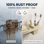 Bathroom organizer with rustproof ceramic holder and toothbrushes on a tiled wall.