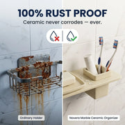 Bathroom organizer with rustproof ceramic holder and toothbrushes on a tiled wall.