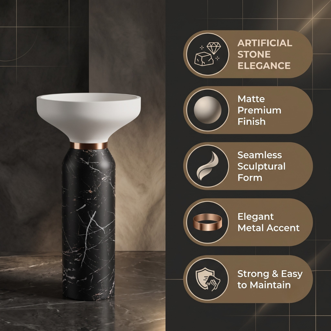Novera Global Atlas Freestanding Pedestal Wash Basin | 10 Year Warranty | Artificial Stone Floor Standing Bathroom Sink | Matte White & Black Marble Look Pedestal Basin | Drain Included, 460 x 460 x 880 mm