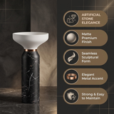 Novera Global Atlas Freestanding Pedestal Wash Basin | 10 Year Warranty | Artificial Stone Floor Standing Bathroom Sink | Matte White & Black Marble Look Pedestal Basin | Drain Included, 460 x 460 x 880 mm