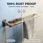 Comparison of a rusted towel rack and a Novera Ceramic Towel Rack on a tiled wall.