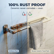 Comparison of a rusted towel rack and a Novera Ceramic Towel Rack on a tiled wall.