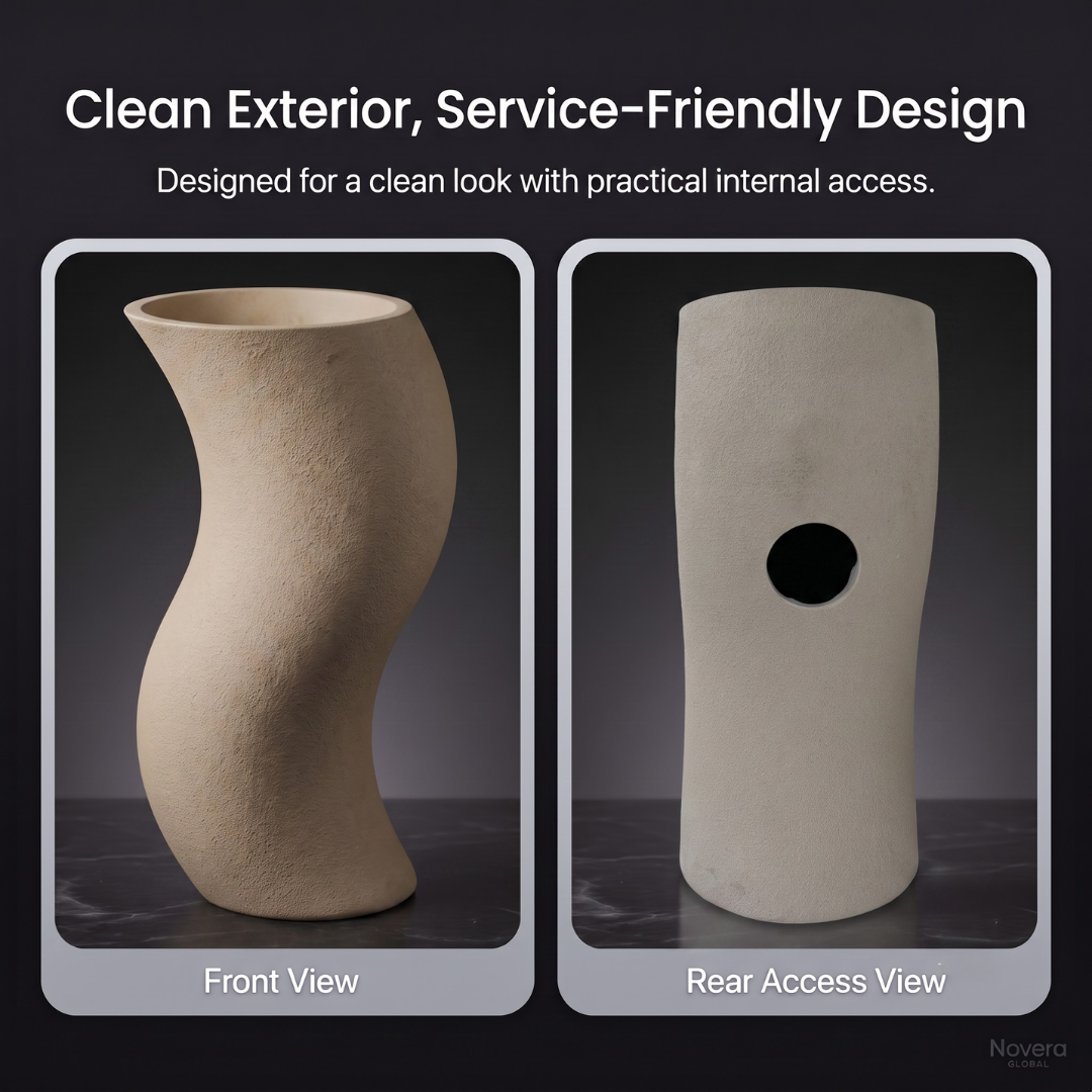 Novera Global Sway Freestanding Pedestal Wash Basin | 10-Years Warranty | Roca Series Artificial Stone Floor Standing Designer Basin | Luxury Pedestal Basin Bathroom Sink in Japanese Shape | Textured Matte Ivory Finish