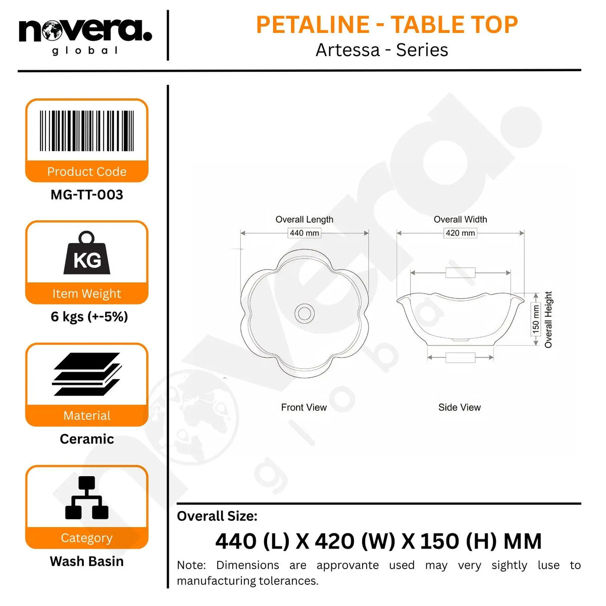 Product label for a ceramic wash basin with dimensions and specifications.