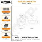 Product label for a ceramic wash basin with dimensions and specifications.