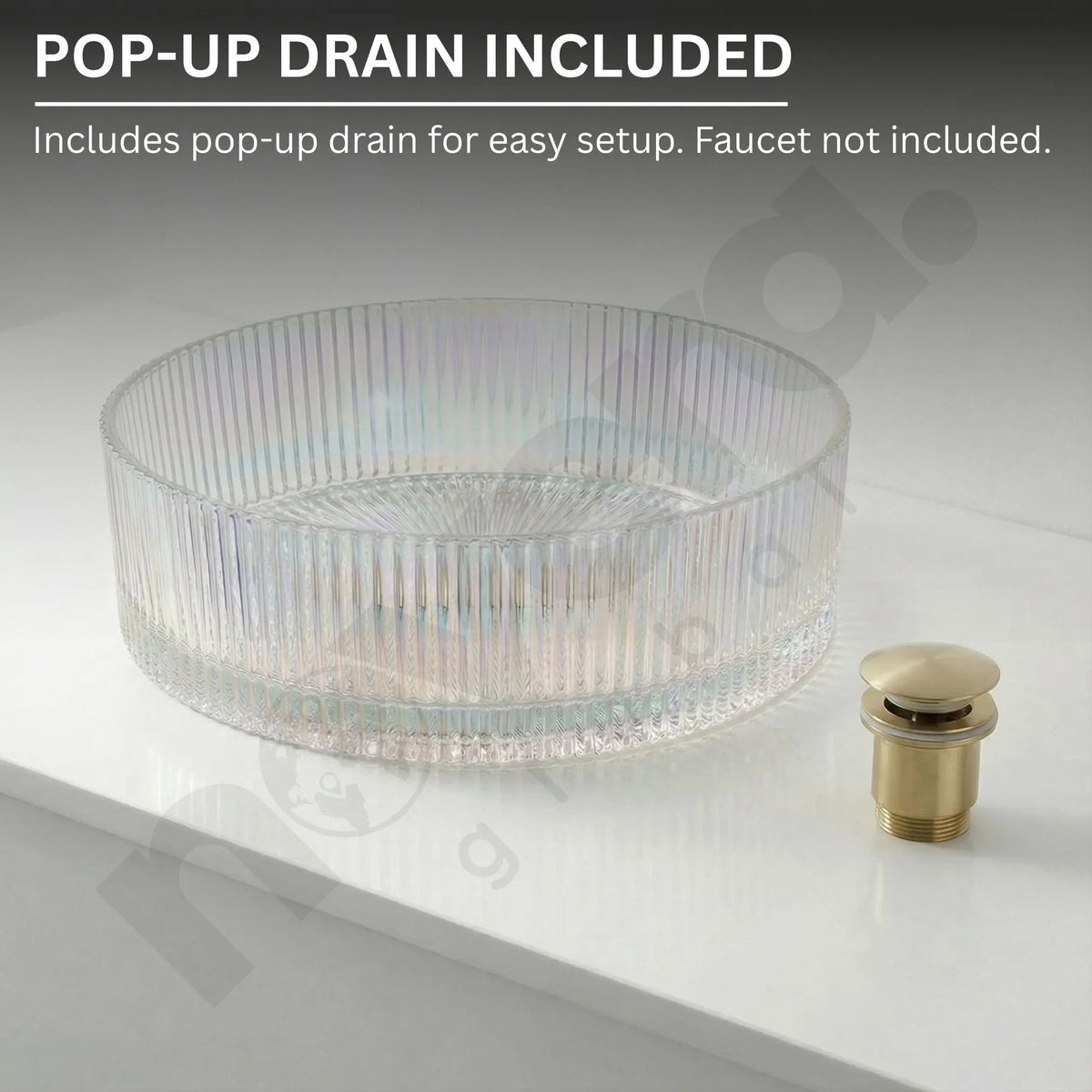 Clear glass sink basin with gold pop-up drain on a white background