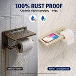 Comparison of an ordinary rusted toilet paper holder and a Novera ceramic holder with text highlighting rust-proof properties.