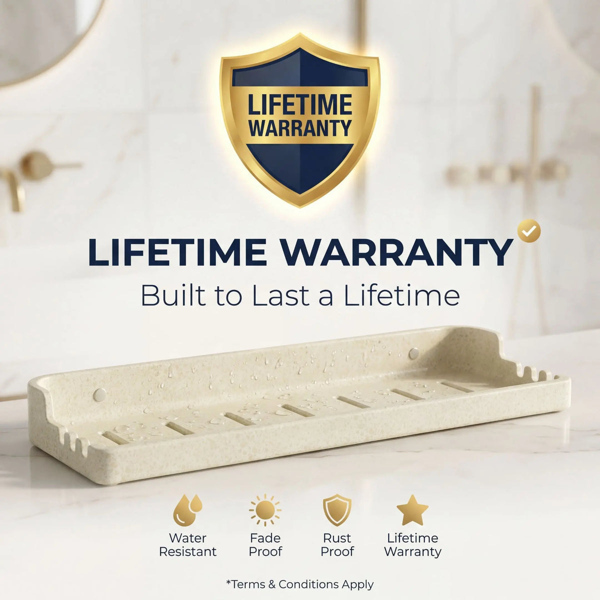 Bathroom shelf with lifetime warranty guarantee on a white background