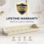Bathroom shelf with lifetime warranty guarantee on a white background