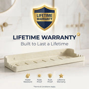 Bathroom shelf with lifetime warranty guarantee on a white background