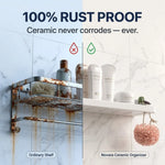 Comparison of an ordinary shelf with rust and a Novera Ceramic Organizer on a marble wall.