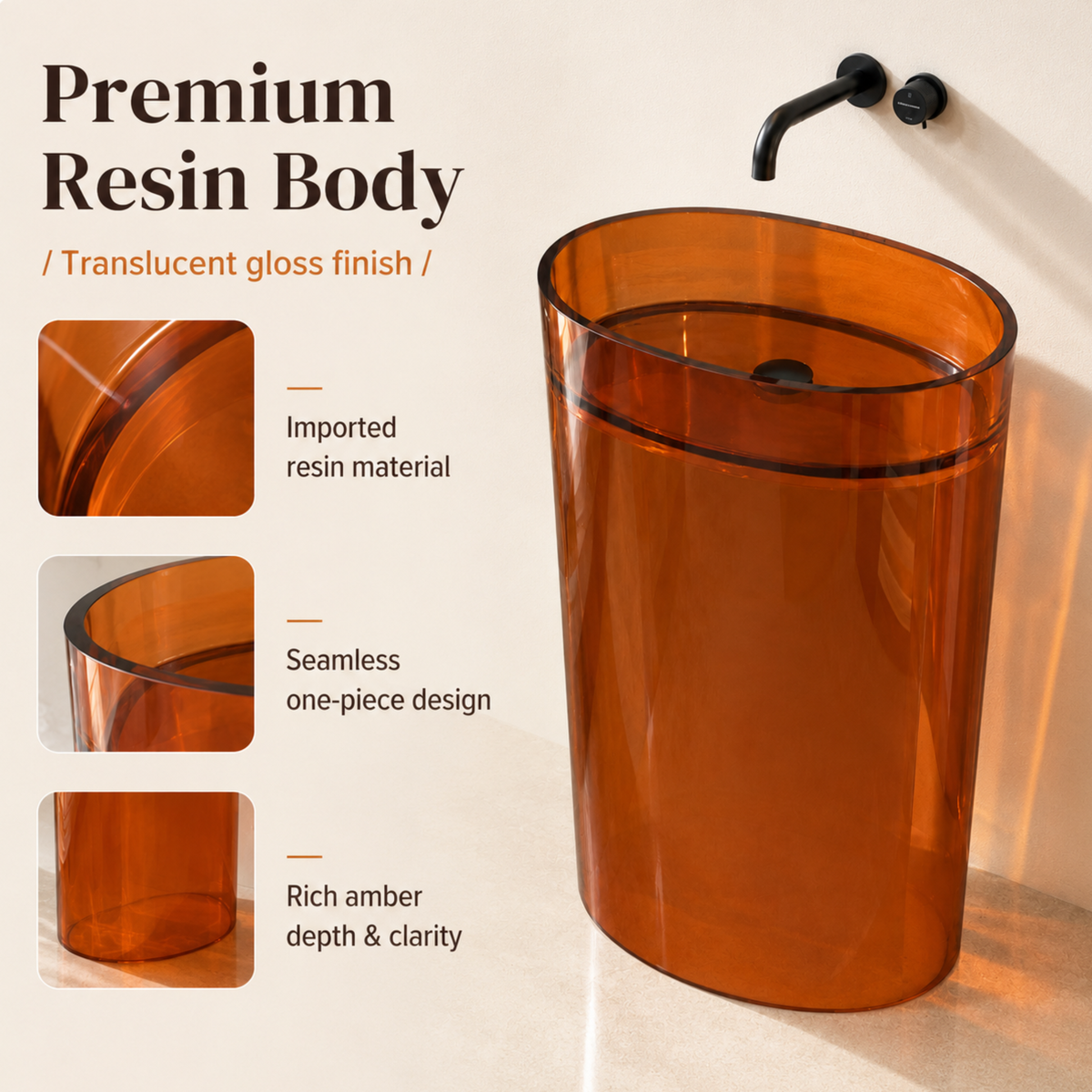 Novera Global Lucent Pedestal Wash Basin | 10-Years Warranty | Premium Imported Translucent Amber Resin Freestanding Bathroom Basin | High Gloss Finish | Included Accessor Drainer, 500 x 320 x 850 mm