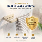 Towel rack with striped towel and lifetime warranty badge on a blurred bathroom background
