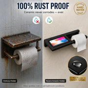 Comparison of a rusted metal holder and a Novera Ceramic Holder with text highlighting rust-proof ceramic material.