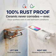 Comparison of an ordinary rusted holder and a Novera ceramic holder on a tiled wall.