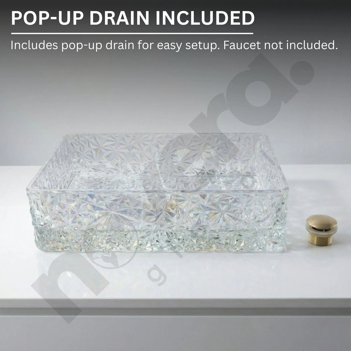 Decorative glass sink basin with pop-up drain on a gray background
