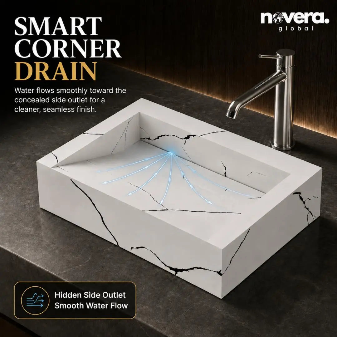 Modern Handmade Ceramic Vanity Basin with Seamless Covered Drain and Marble Finish