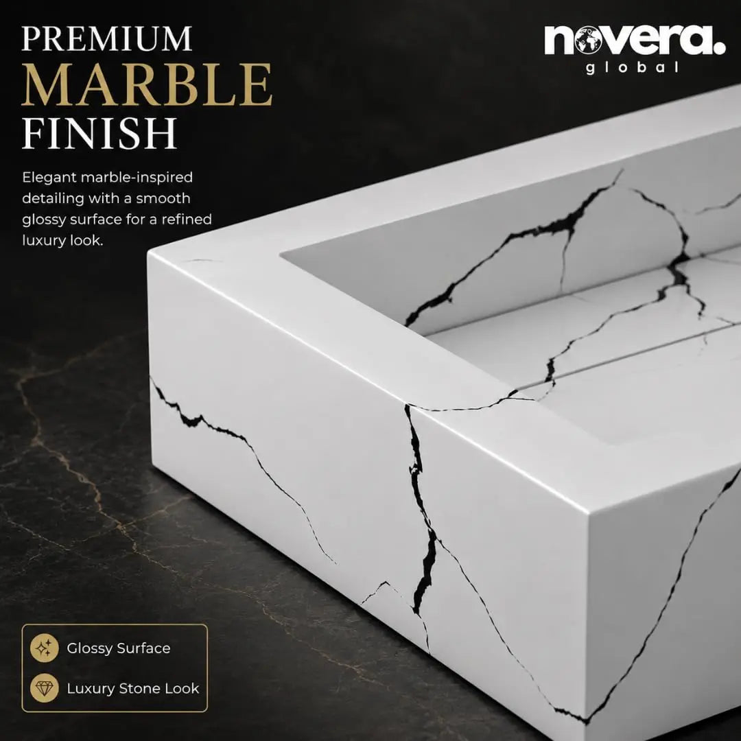 Luxury Countertop Ceramic Wash Basin in White Marble Finish with Hidden Corner Outlet