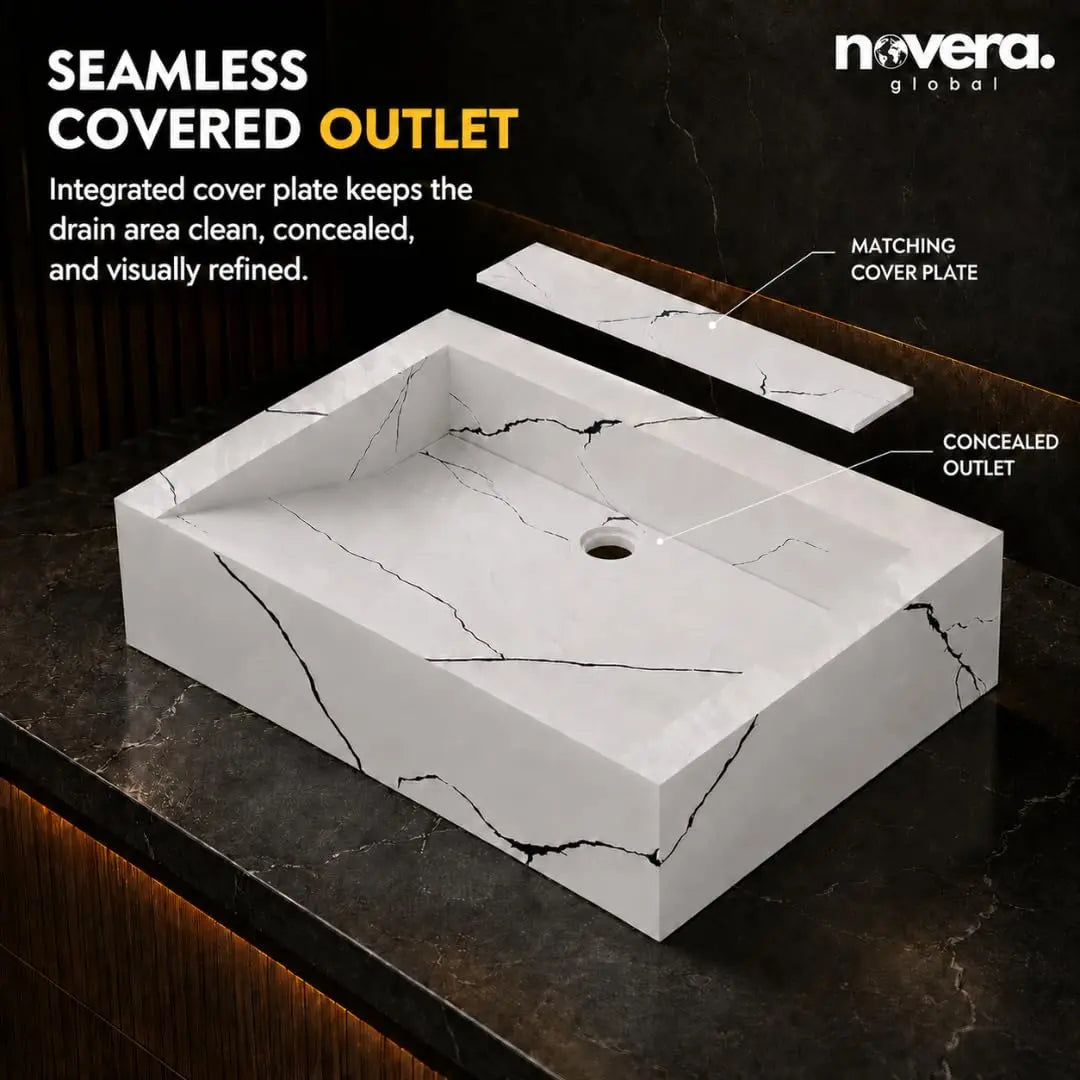 Elegant White Marble Look Rectangular Vessel Sink for Premium Bathroom Interiors