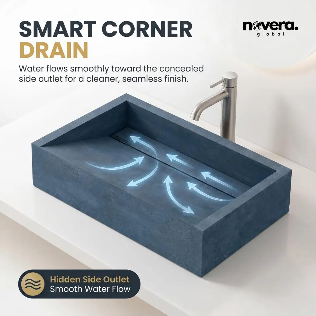 Novera Global Rectangular Ceramic Tile Wash Basin – Matt Steel Blue Novera Global