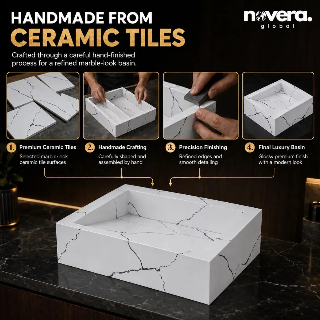 Premium Handcrafted Square Ceramic Basin with Marble Finish