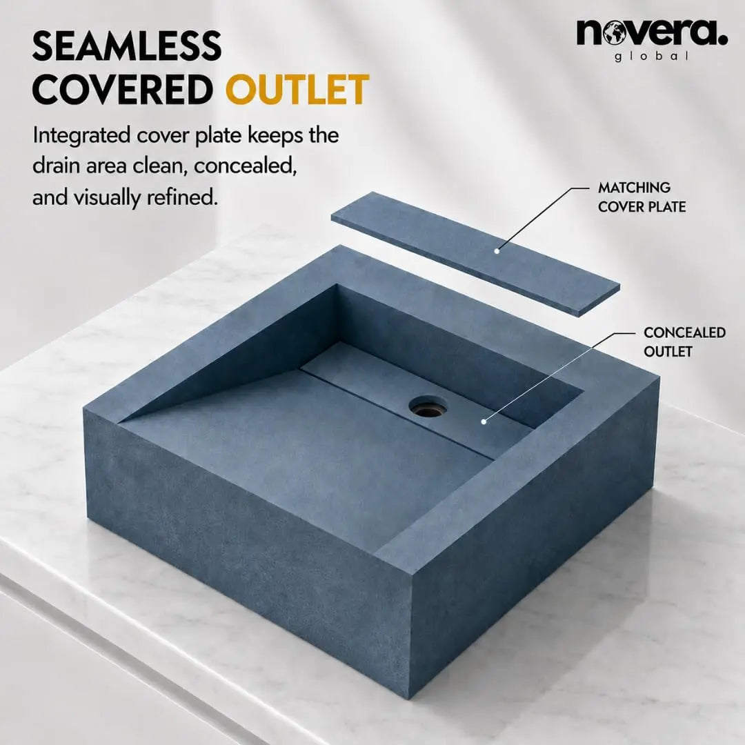 Square Ceramic Vessel Sink with Hidden Outlet Cover Design