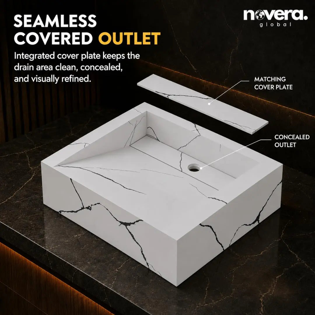 Square Ceramic Vessel Sink with Hidden Outlet Cover Design