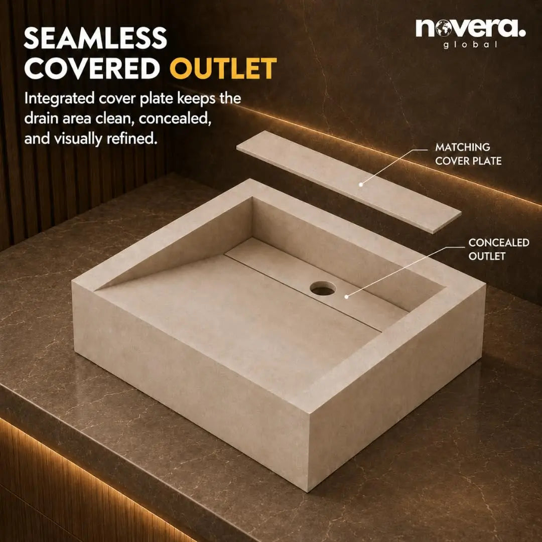 Square Ceramic Vessel Sink with Hidden Outlet Cover Design