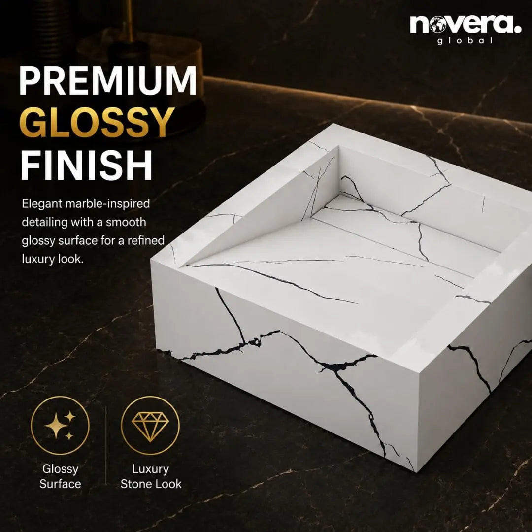 Luxury White Marble Effect Square Countertop Ceramic Wash Basin