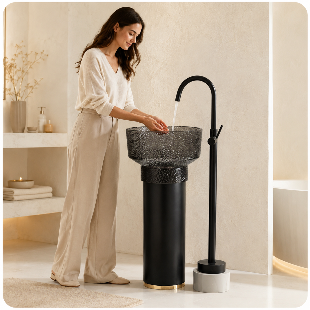 Novera Global Hammer Freestanding Pedestal Wash Basin | Round Smoked Glass Bowl with Matte Black Solid Surface Pedestal & Gold Accent | 10-Years Warranty | Floor Standing Wash Basin | 450 × 450 × 900 mm