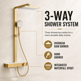 Novera Global Rain Shower Set for Bathroom – 3-in-1 Brass Shower System with Large Overhead Rain Shower, Multi-Mode Hand Shower, Waterfall Spout & Storage Shelf | Push-Button, Wall-Mounted (Brushed Gold)