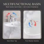 Multifunctional basin with hot and cold water taps and foot washer diverter on a dark background.