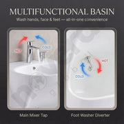 Multifunctional basin with hot and cold water taps and foot washer diverter on a dark background.