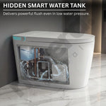 Hidden smart water tank with visible plumbing on a marble surface.